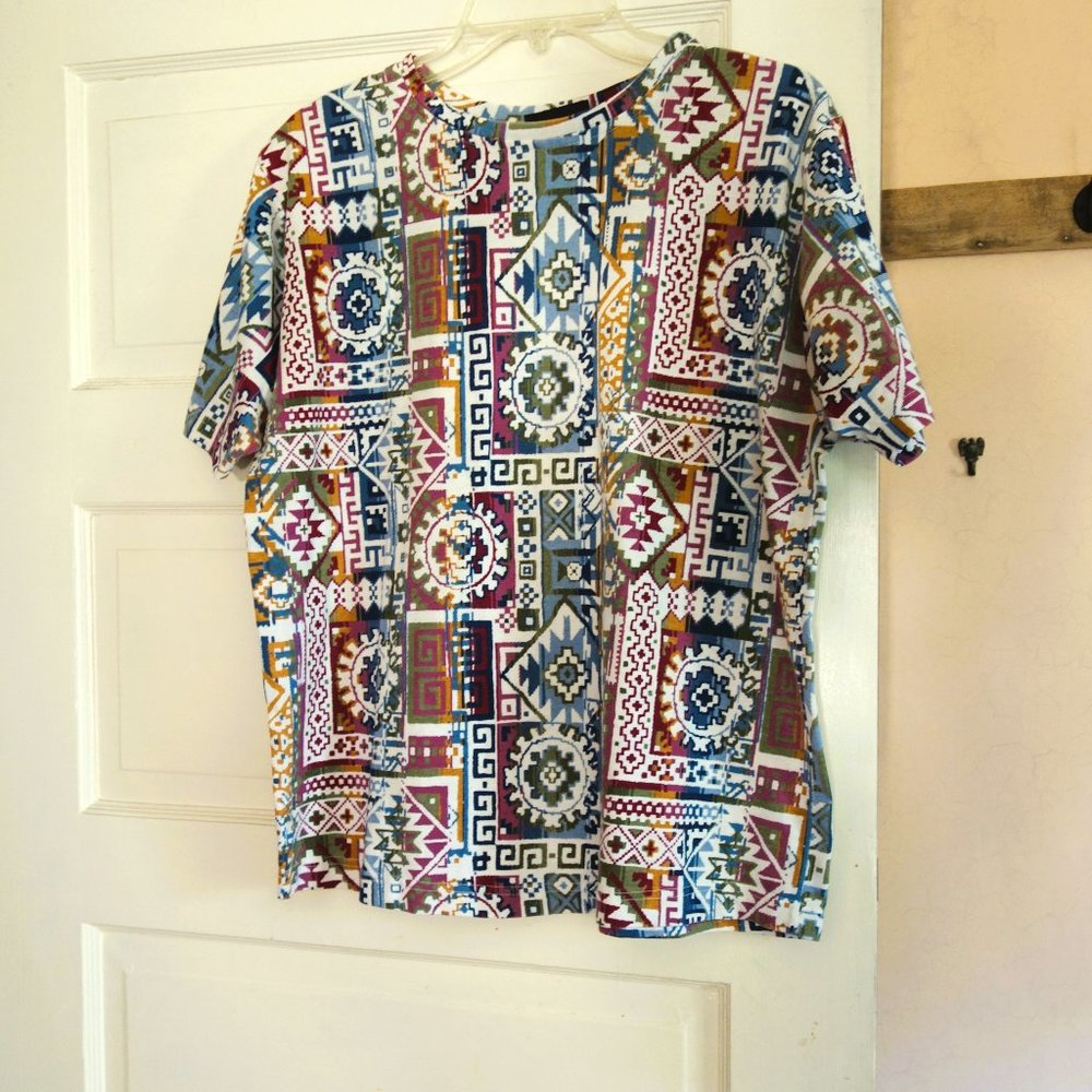 SWAT Multicolor Aztec Style Short Sleeve Tee M ? ( Measurements Listed)
